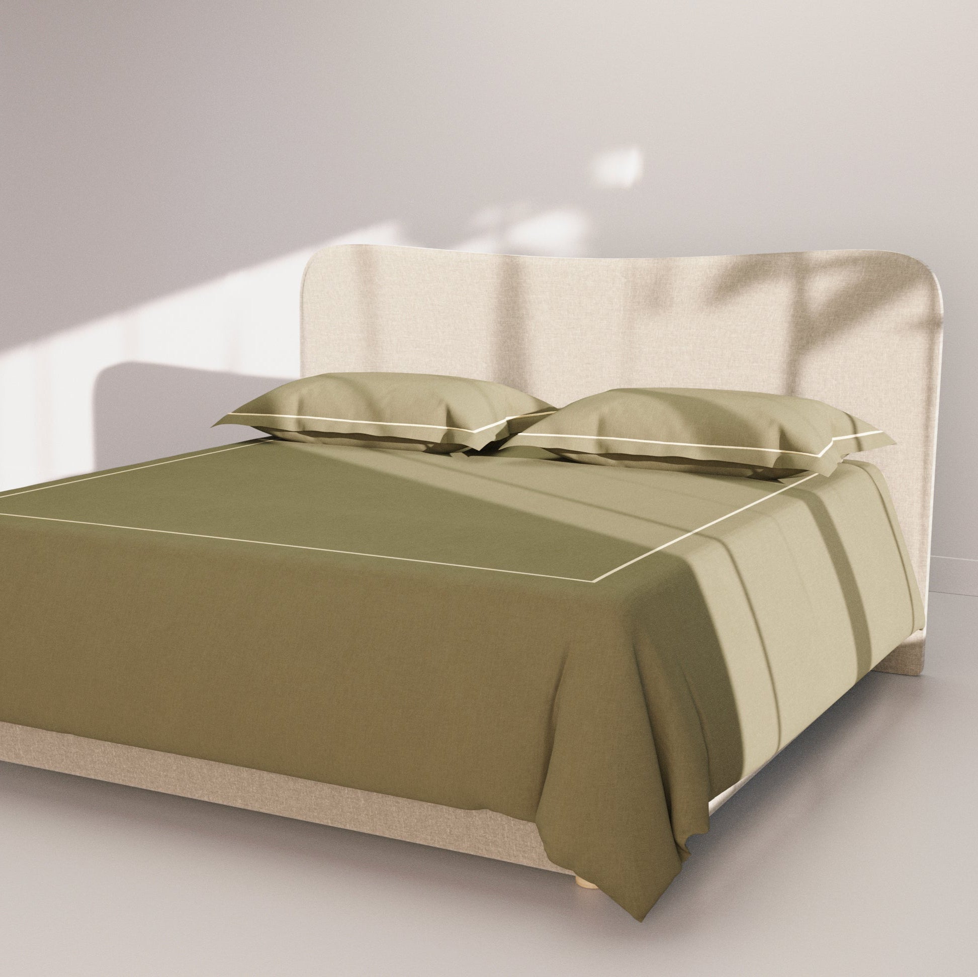Completo copripiumino di raso di cotone di colore verde con bordi bianchi